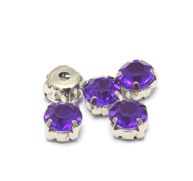Vente 5 perles strass rond violet sertis 8x8x6 mm, Trou: 1 à 1.5 mm à coudre ou coller Strass en acrylique