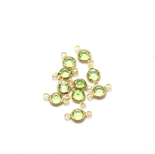 Kjøp Lott med 10 små gullkoblinger - lysegrønne - runde fasetterte glasskoblinger satt i gullmessing 13x6x3 mm, Hull: 2 mm